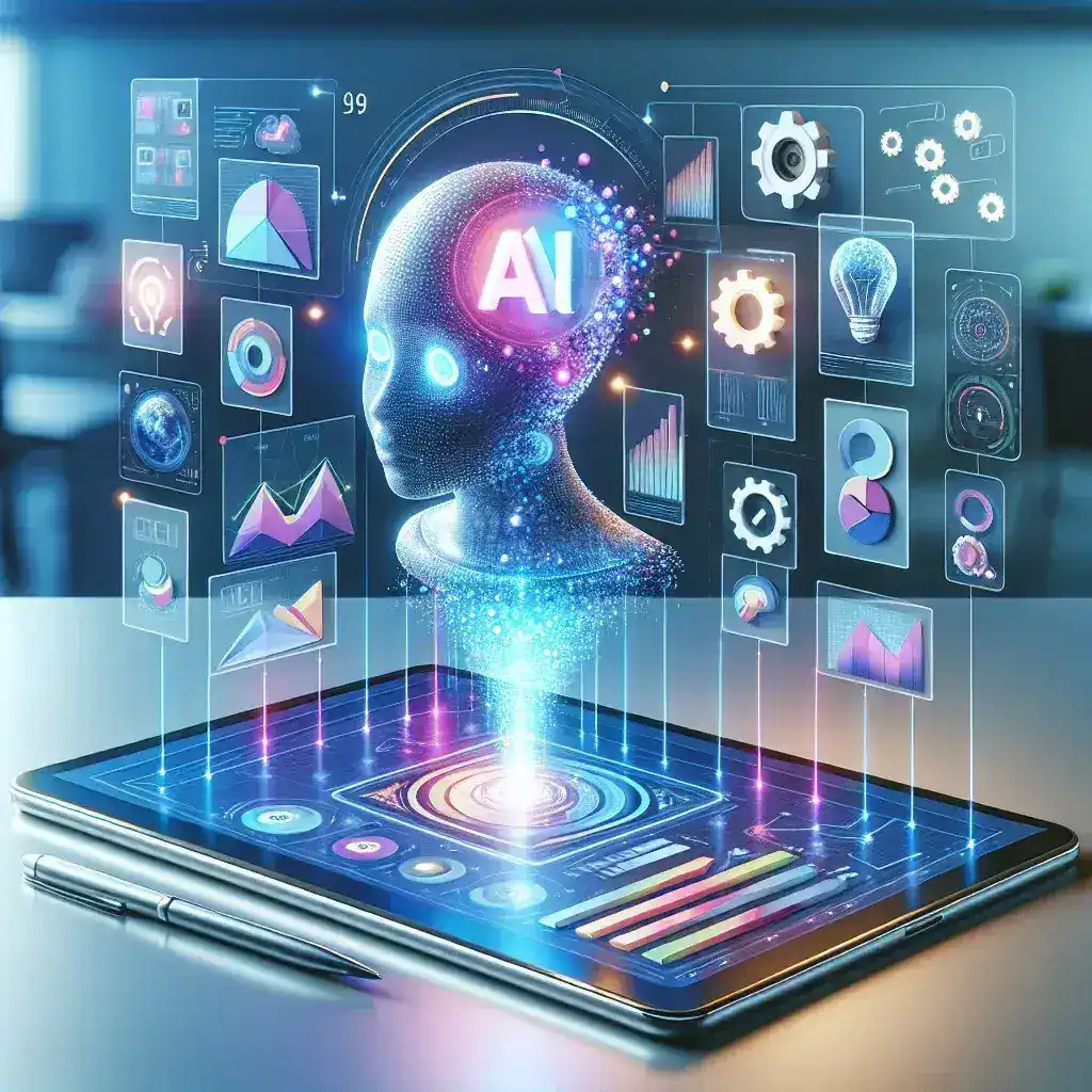 "Intelligenza Artificiale applicata alla creazione di presentazioni moderne, evidenziando l'innovazione nel design e l'aumento della produttività."