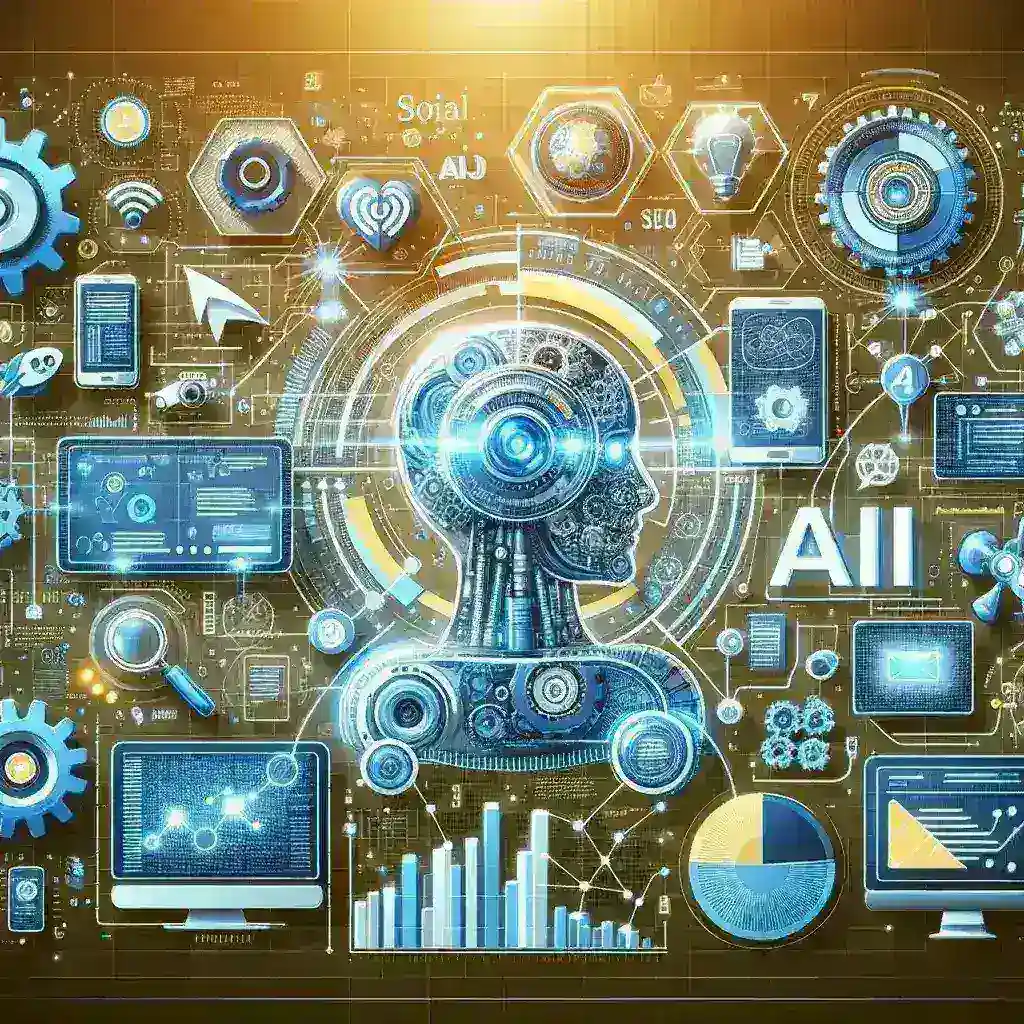 Alt text: "Illustrazione di L'Intelligenza Artificiale applicata al Marketing Digitale: un grafico che mostra strategie innovative e opportunità di crescita con l'uso di AI nel settore marketing."