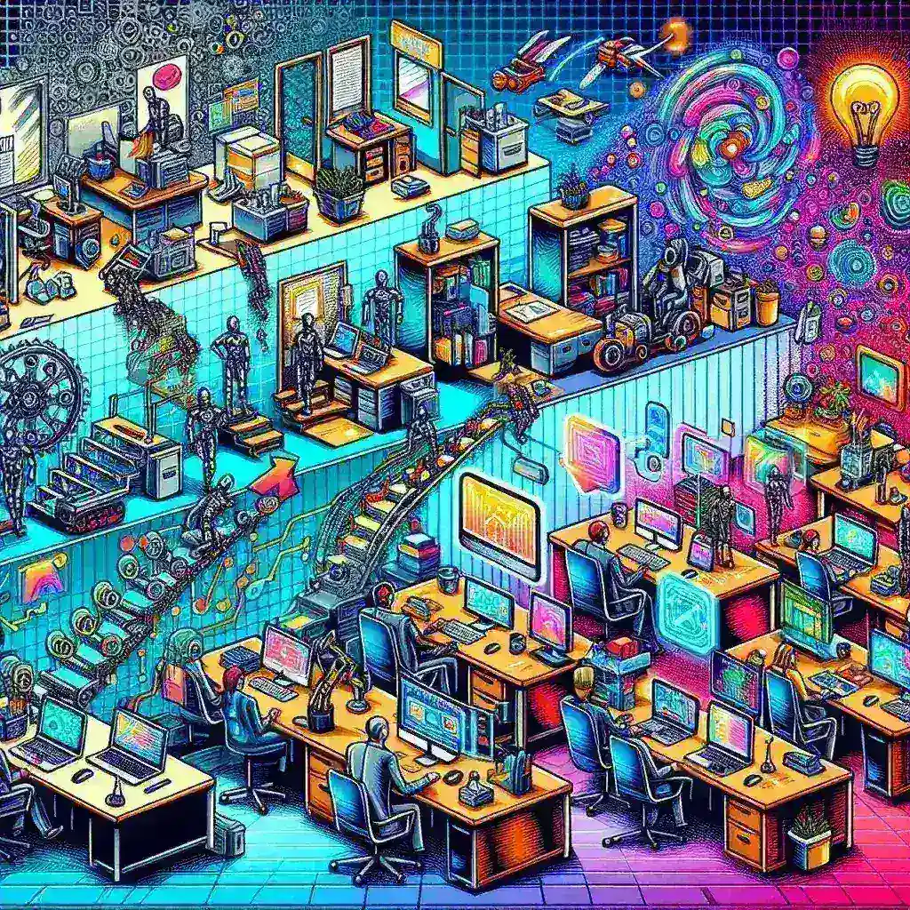 "Immagine che illustra come l'intelligenza artificiale automatizza le attività lavorative nell'ambito della trasformazione digitale, evidenziando strumenti e processi innovativi per un'efficienza aziendale ottimale."