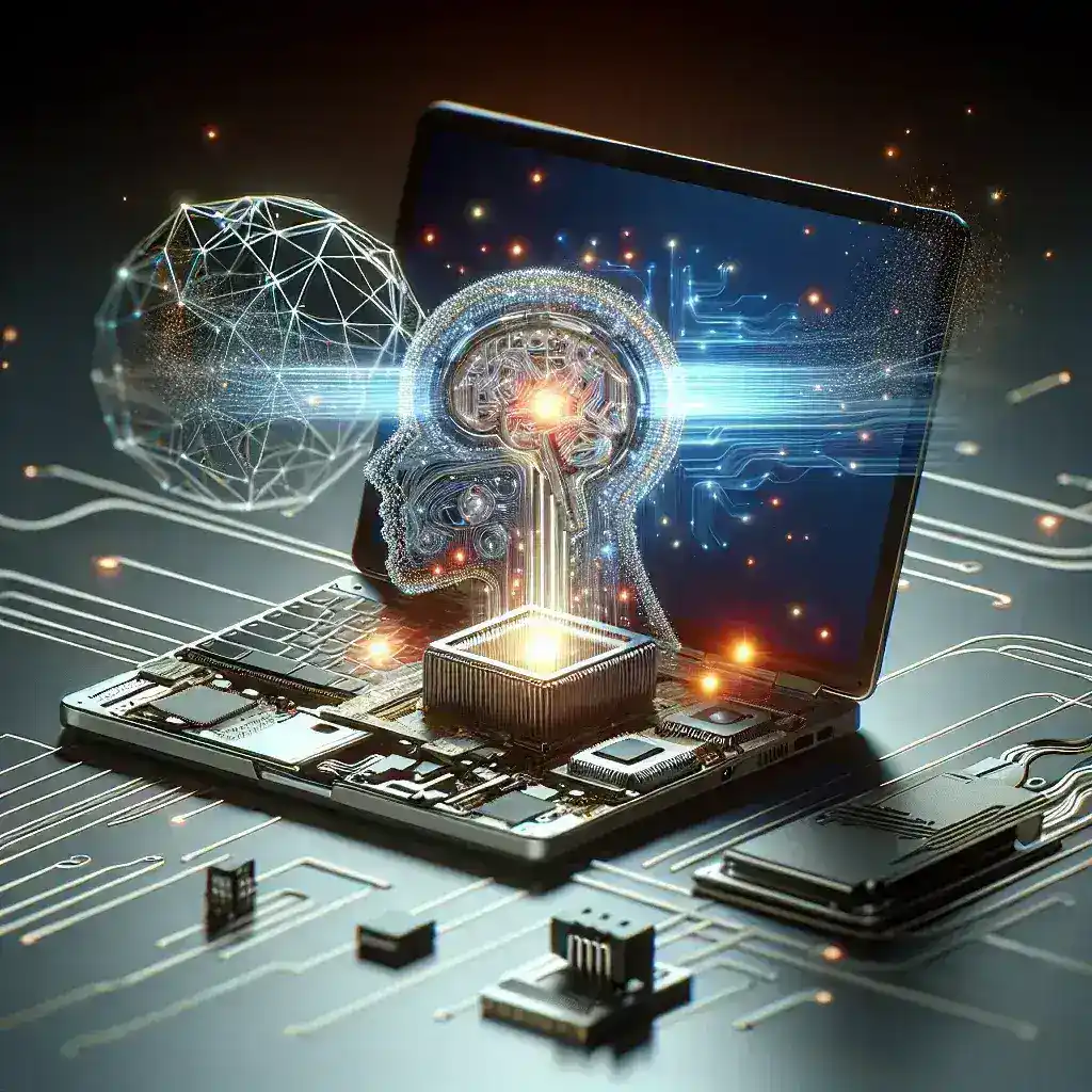 "Immagine che illustra l'impatto dell'intelligenza artificiale sui portatili moderni, mostrando un laptop con tecnologia avanzata e interfacce intelligenti."